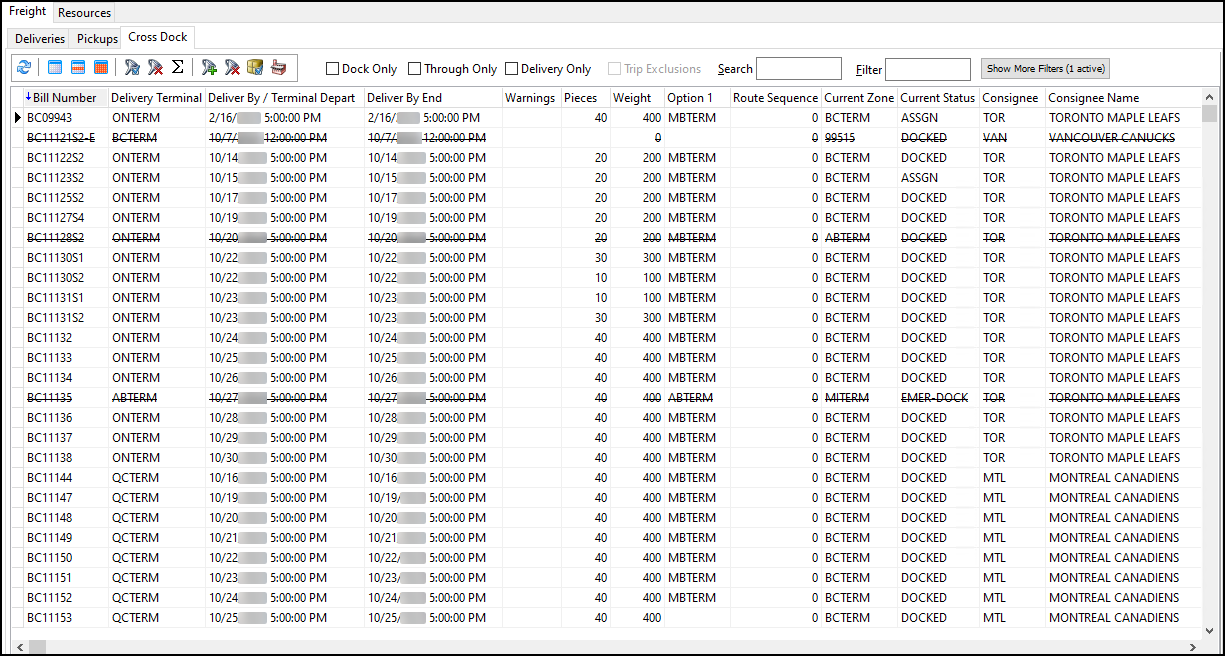 The Cross Dock tab.