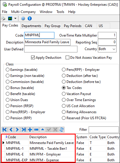 A grid with four MNPFML tax codes.