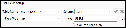 The DRV_DEDCODES User Fields Setup pane.