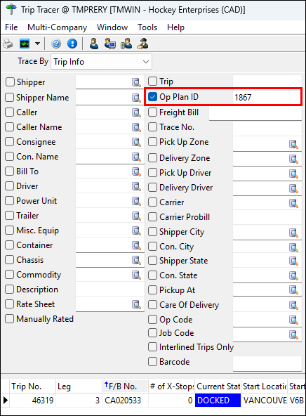 The Op Plan ID search field in Trip Tracer.
