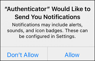 A prompt that says Authenticator would like to send you notifications.