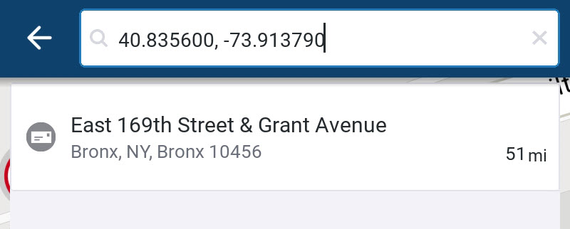 Screenshot showing GPS coordinates entered in the search bar with the location result displayed below