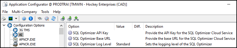 The AI section of Application Configurator.