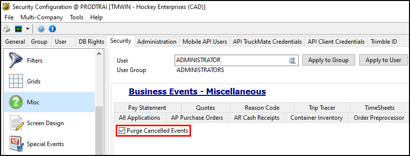 The Purge Cancelled Events security option.