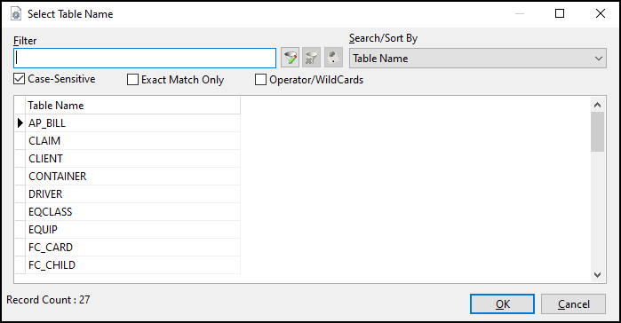 The Select Table Name window.