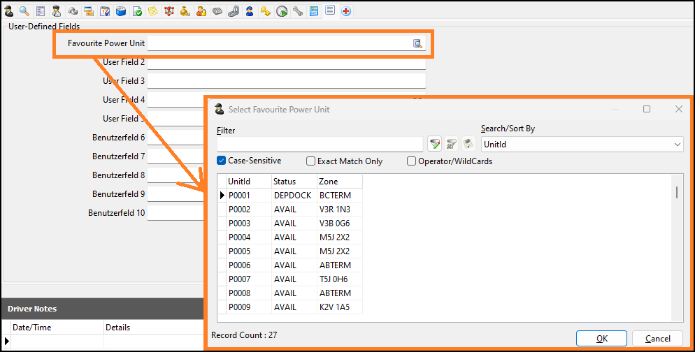 A field that opens to a columned window with a list of power units.