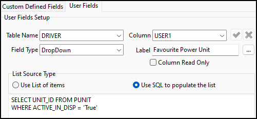 A dropdown user field with favourite power unit as a label and an SQL query as the source type.