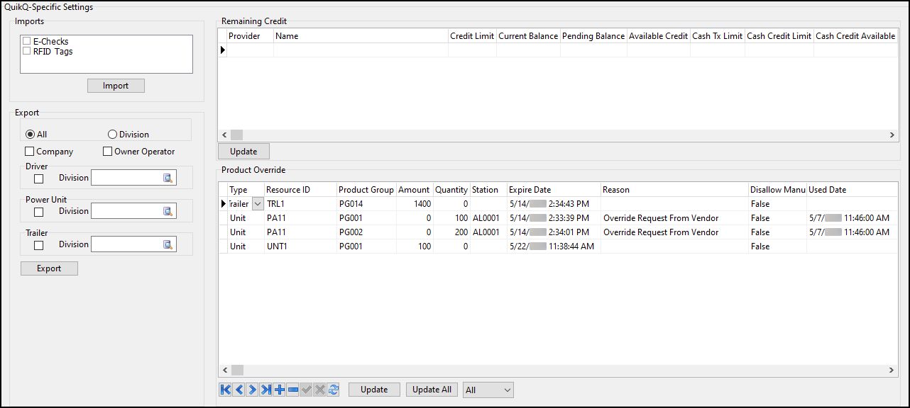 The QuikQ-Specific Settings pane.