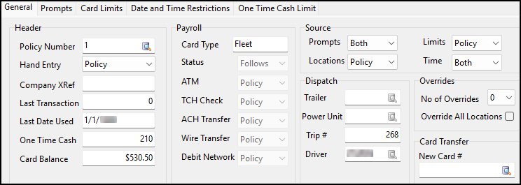 The TCH subtabs of the Details tab.