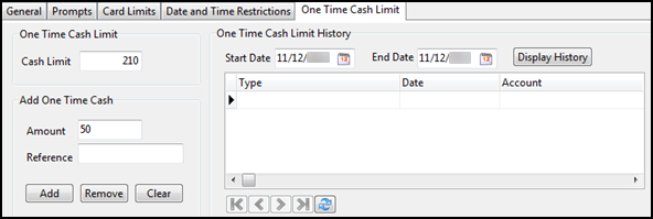 The One Time Cash Limit tab.
