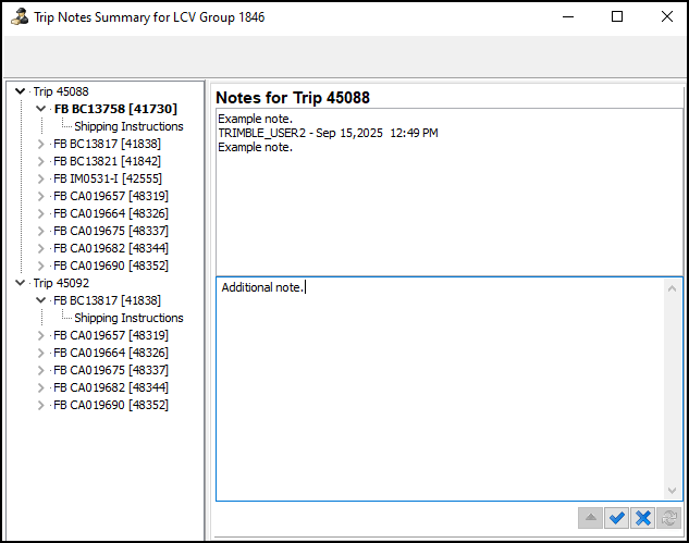 The Trip Notes Summary window.