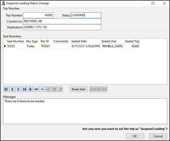 The Suspend Loading Status Change window.