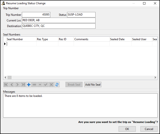 The Resume Loading Status Change window.