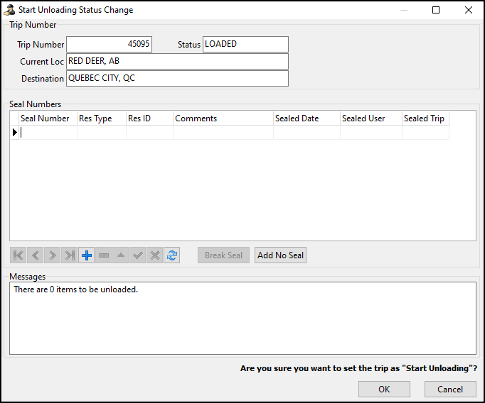 The Start Unloading Status Change window.