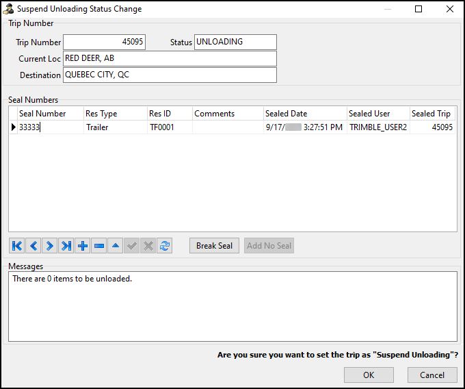 The Suspend Unloading Status Change window.