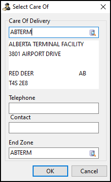 The Select Care Of window.