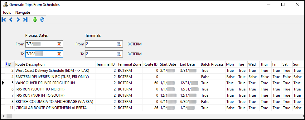 The Generate Trips From Schedules window.