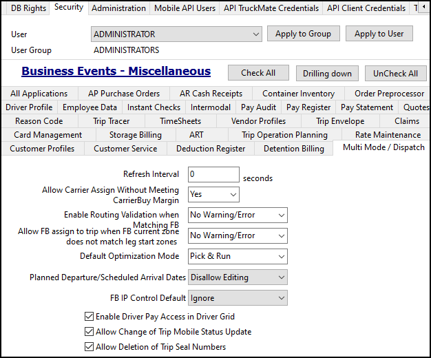 The Business Events Miscellaneous tab.