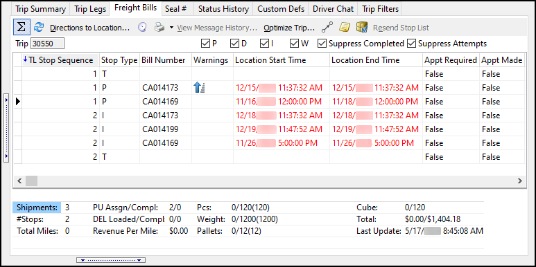 The Freight Bills tab.