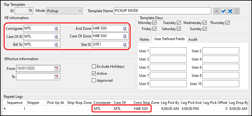 A pickup mode trip template with MTL as the consignee.