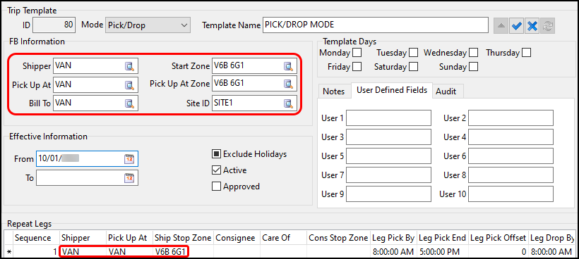 A pick/drop template with VAN as the shipper.