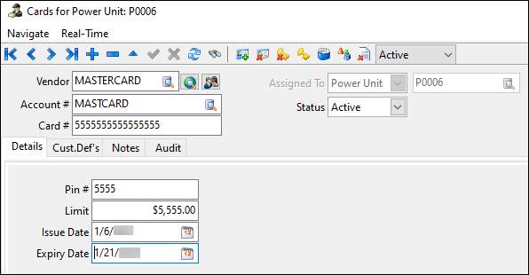 Credit card details such as credit card type