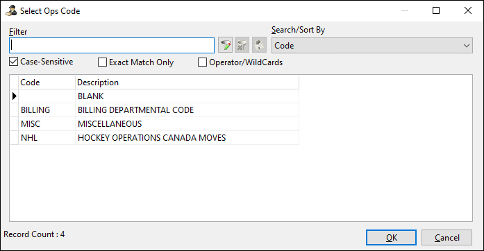 A search window with a list of ops codes.