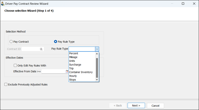 The Pay Rule Type menu.