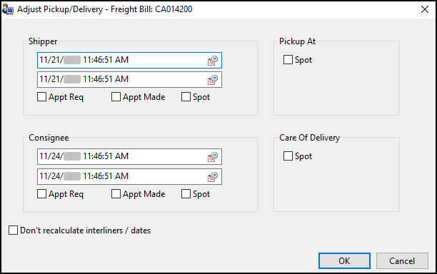 The Adjust Pickup/Delivery window.