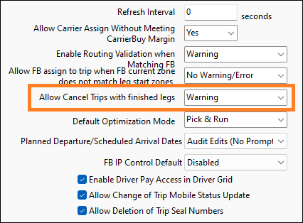 The Allow Cancel Trips with finished legs security setting.