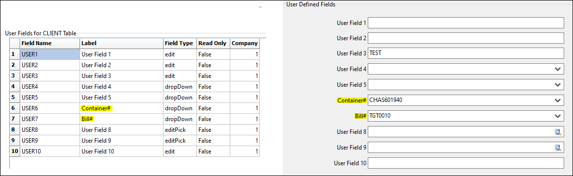 The CLIENT table user fields.