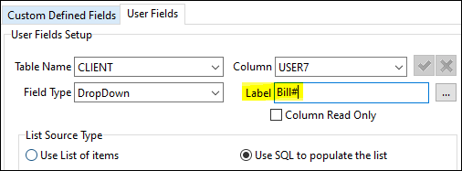 The User Fields Setup pane with the Label option emphasized.