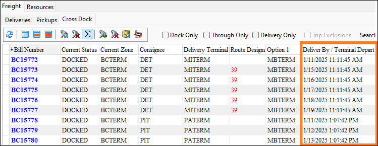 The Deliver By/Terminal Depart column in the Cross Dock grid.