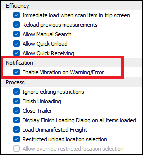 The Enable Vibration on Warning/Error setting.