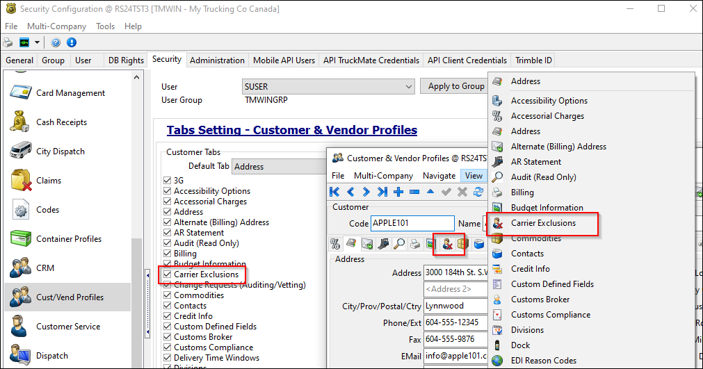 The Carrier Exclusions security setting and the Carrier Exclusions options in Customer & Vendor Profiles.