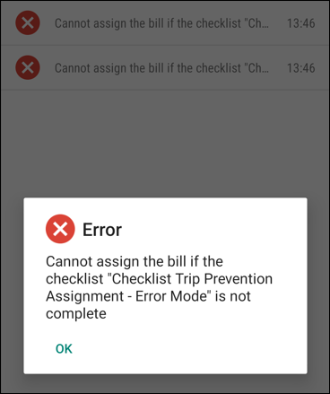 An error message listing a specific item.