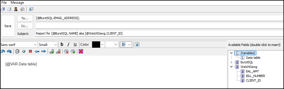 An email draft showing @burstsql.email_address in the to field.