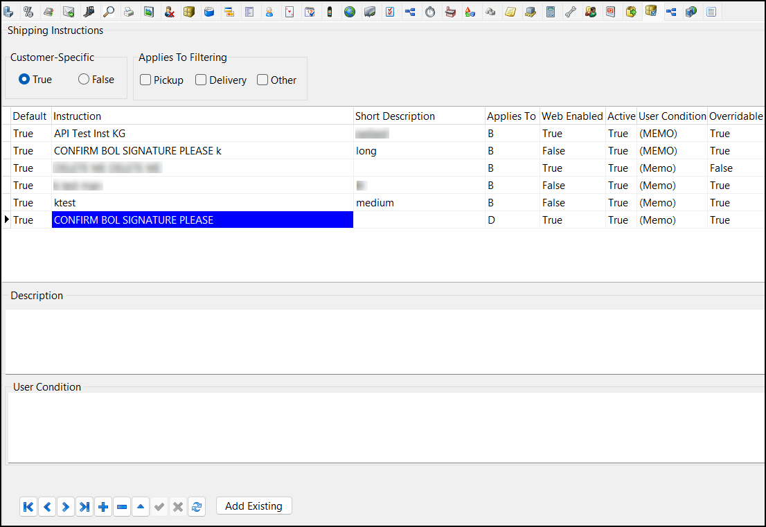 The Shipping Instructions grid.