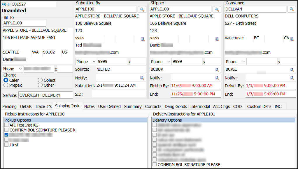 The Shipping Instructions tab with a panel for each company.