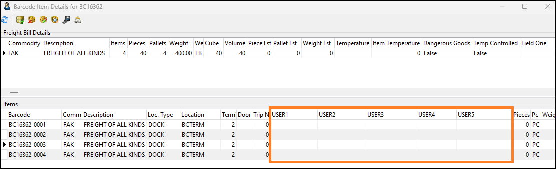 The Barcode Item Details window featuring the new user fields.