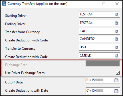 The Currency Transfer window with the Use Driver Exchange Rates checkbox selected.