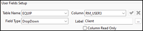 The EQUIP User Fields Setup pane set to the RM_USER column.