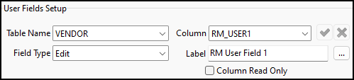 The VENDOR User Fields Setup pane set to the RM User Field label.