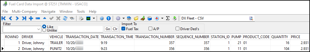 The DX fleet format in Fuel Card Data Import.
