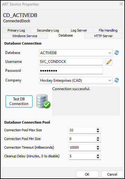 The ART Service Properties window.