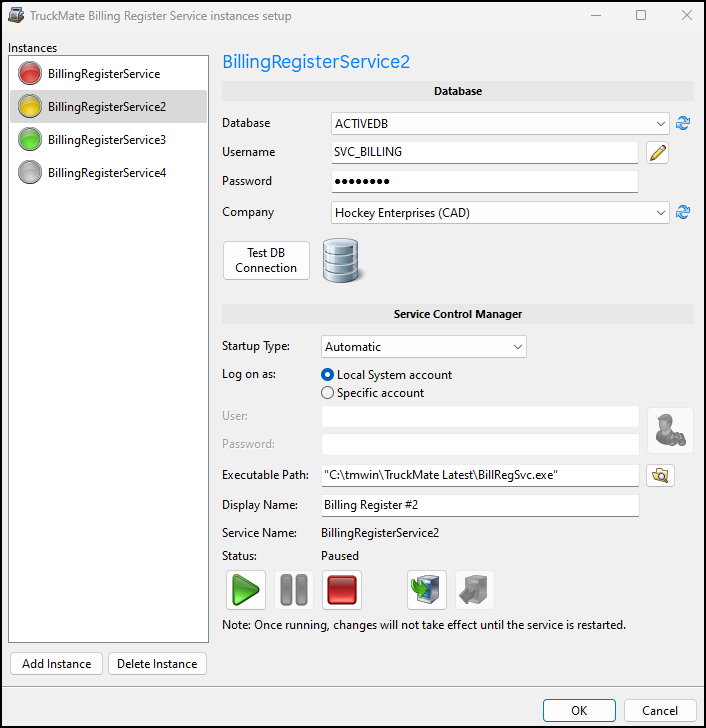 The TruckMate Billing Register Service instances setup window.
