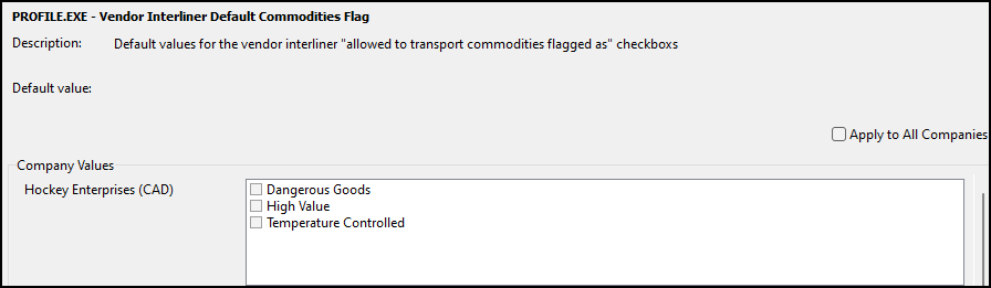 The Vendor Interliner Default Commodities Flag app config.