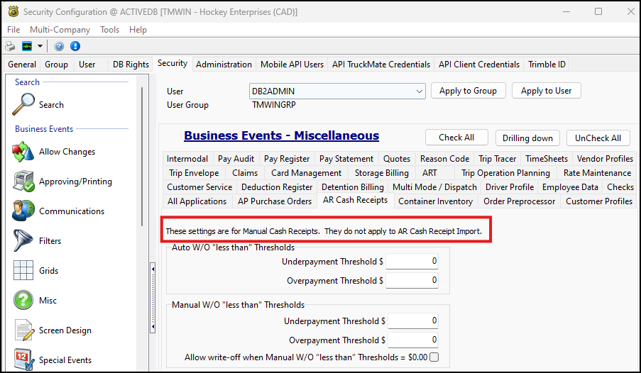 A message that says: These settings are for Manual Cash Receipts. They do not apply to AR Cash Receipt Import.