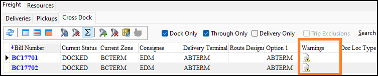 The Cross Dock tab showing checklist item warnings.