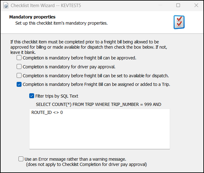 The Mandatory properties window of the Checklist Item Wizard.